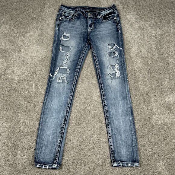Miss Me Skinny Jeans SZ 28 Blue Denim Mid Rise Embellished Pockets Western Flap - Picture 2 of 8